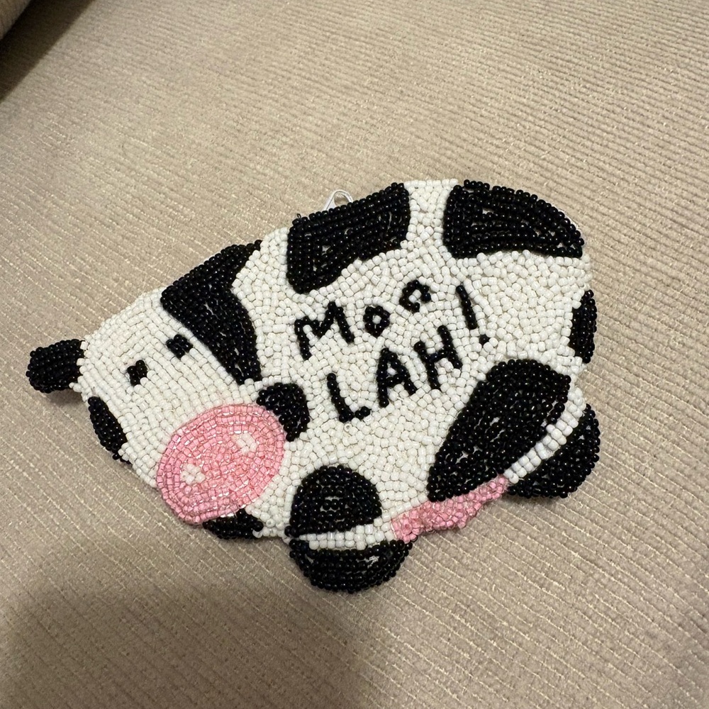 Beaded Cow Coin Purse - White, Black & Pink